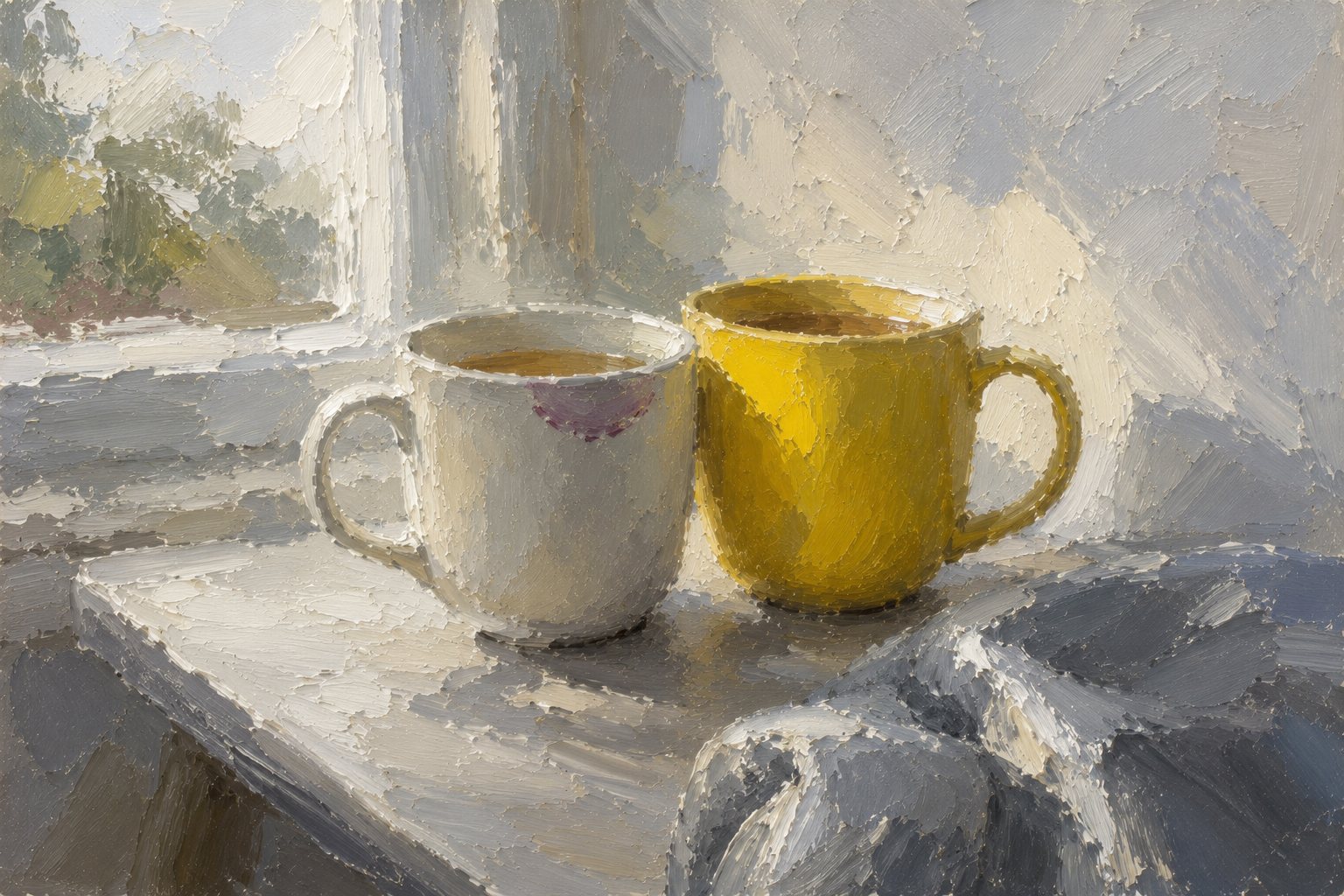 Two mugs on a windowsill in morning light