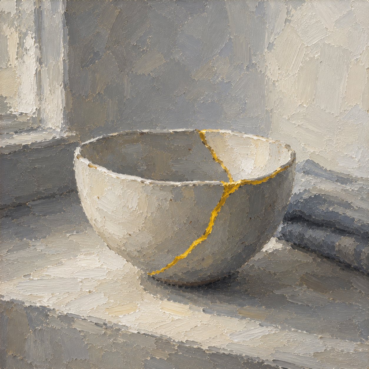 A bowl broken and repaired with veins of gold