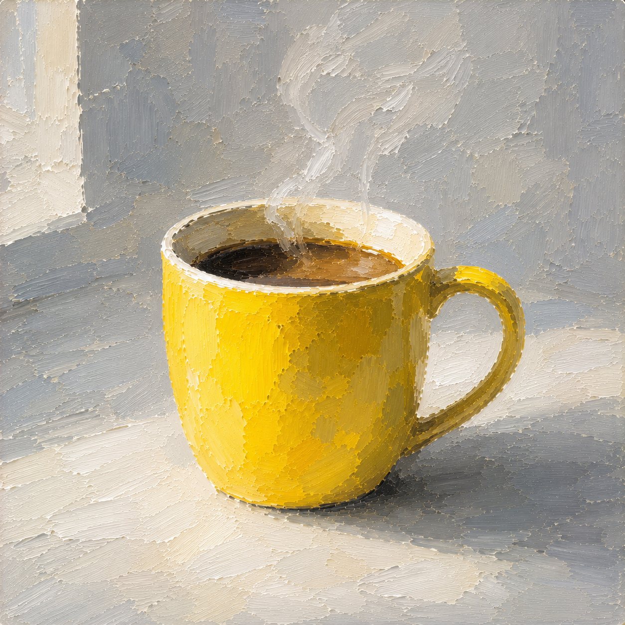 A single yellow mug, steaming, in morning light