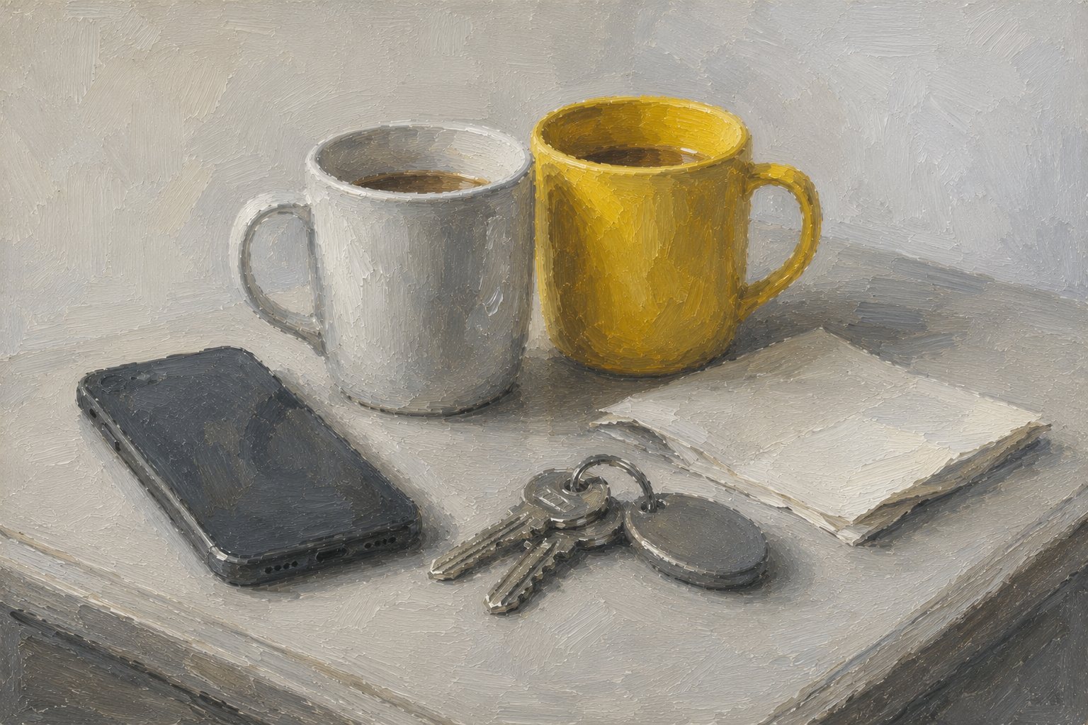 A table with a phone, keys, and notes, the marks of checking and re-checking