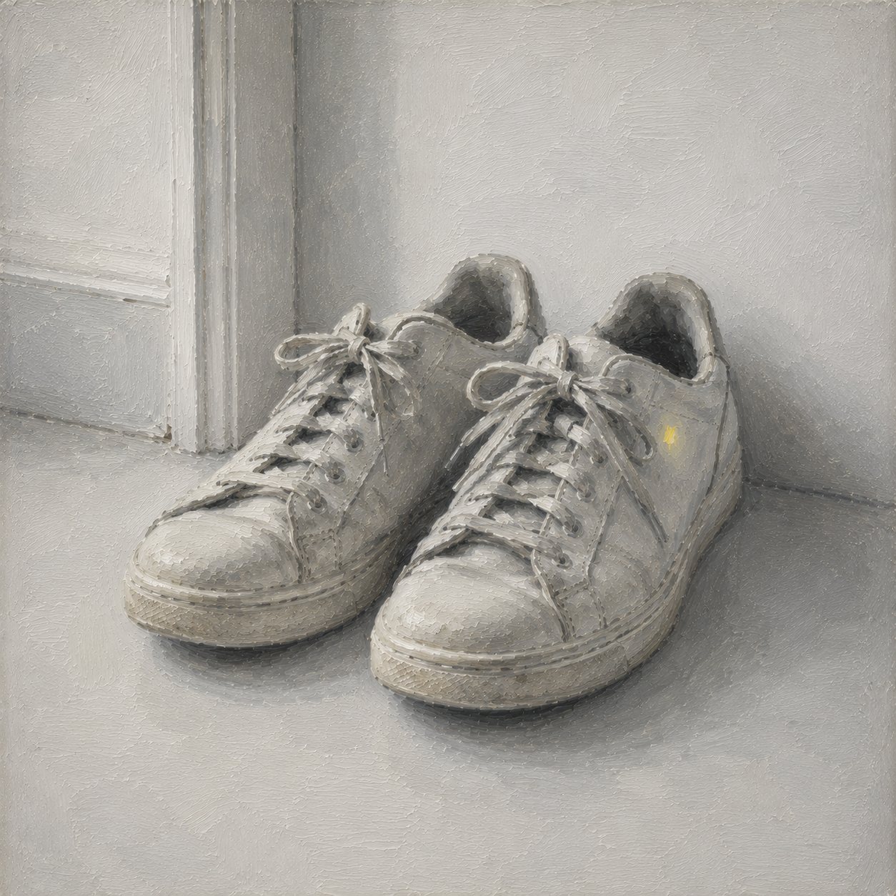 A worn pair of white sneakers by a doorway